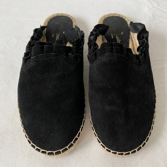 Kate Spade Laila Ruffle Espadrille Mules Slide Black Suede Leather Womens Size 6 - Picture 3 of 9